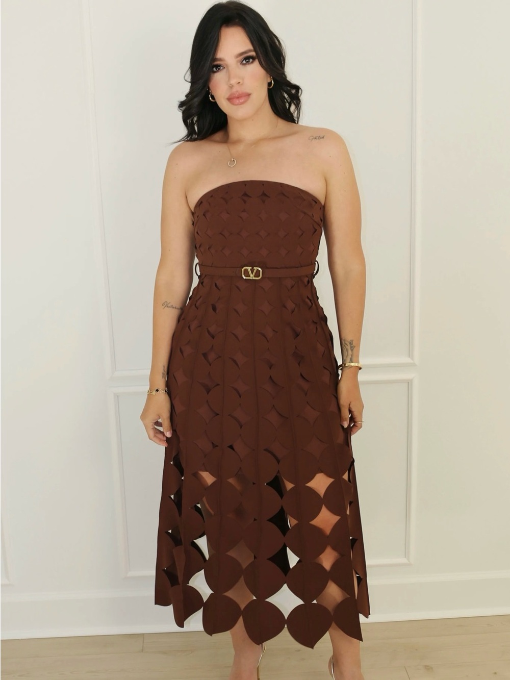 Bree Strapless Brown Midi Dress with Cutout Circle Detail